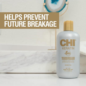 CHI label close-up highlighting keratin formula and ingredient clarity benefit