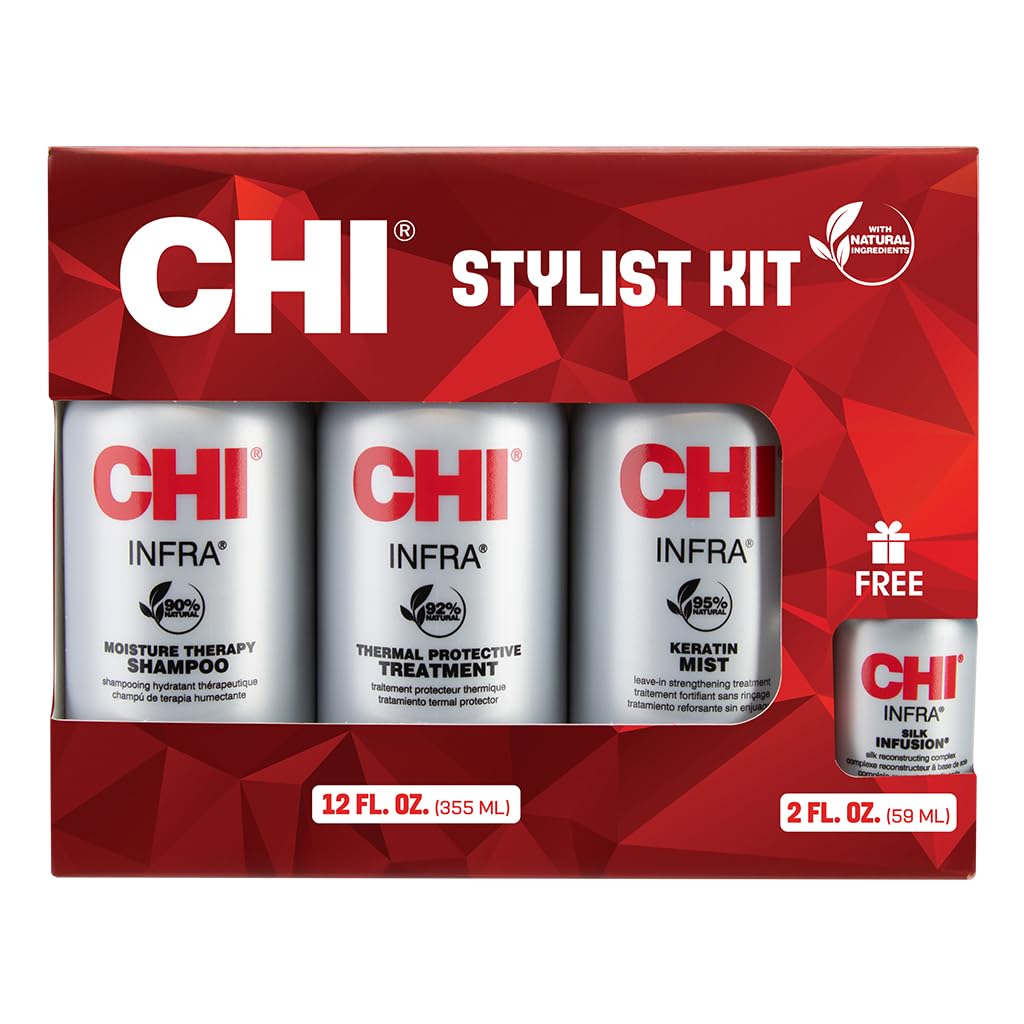 CHI kit arranged in bathroom highlighting salon-quality home routine