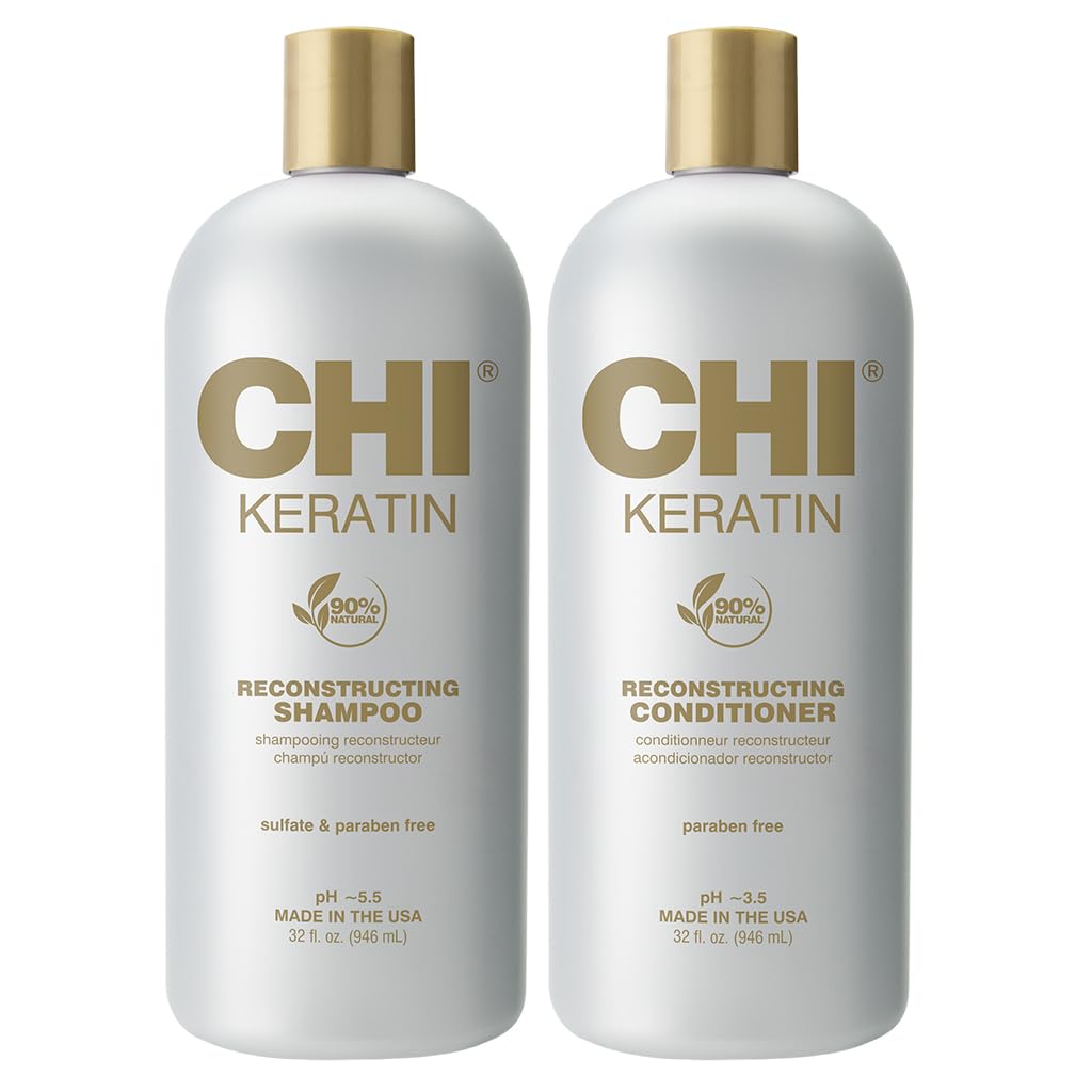 CHI front packaging of shampoo and conditioner showing product size and branding benefit