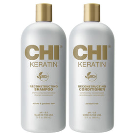 CHI front packaging of shampoo and conditioner showing product size and branding benefit