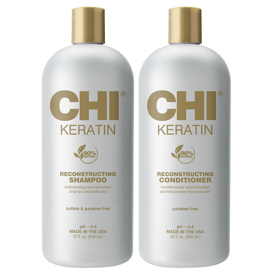 CHI front packaging of shampoo and conditioner showing product size and branding benefit