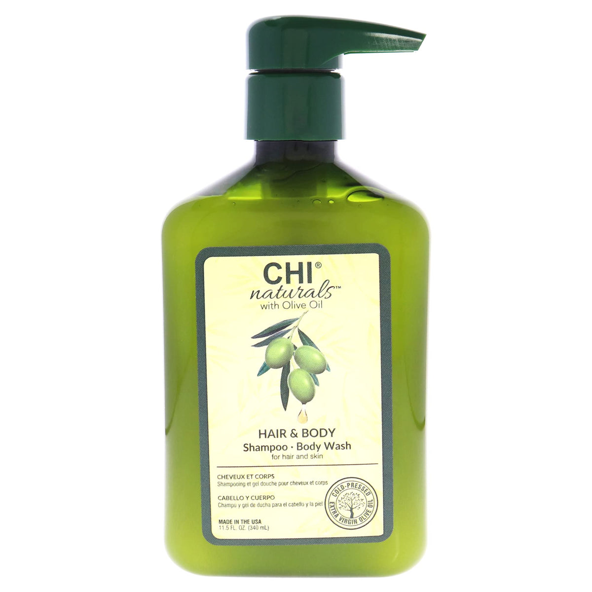 CHI front packaging showing 11.5oz bottle and olive imagery for moisturizing benefits