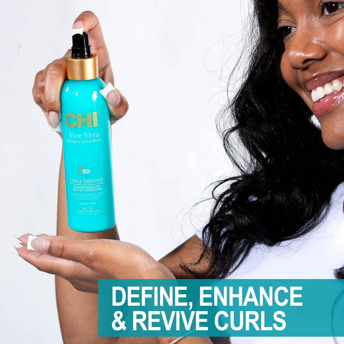 CHI label close-up highlighting aloe vera oil and silk protein benefits