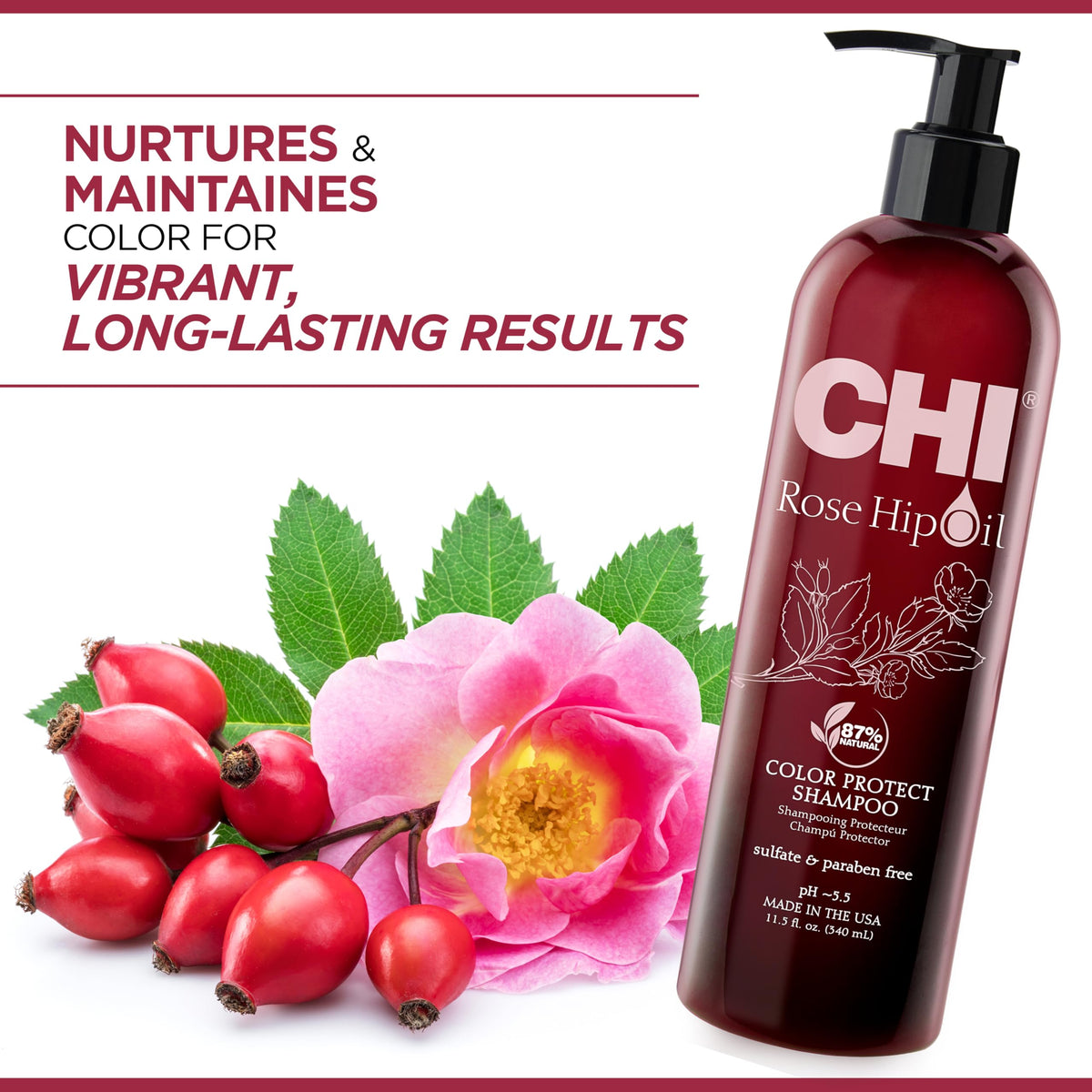 CHI close-up of pump and label highlighting rosehip blend benefits