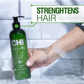 CHI bottle in shower being used to refresh scalp and hair