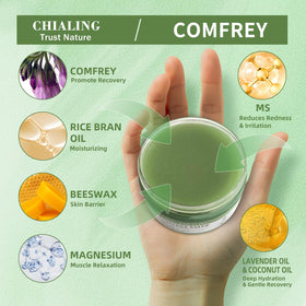 Chialing comfrey salve applied to hand demonstrating quick absorption