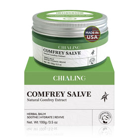 Chialing comfrey salve front jar showing product and easy grip
