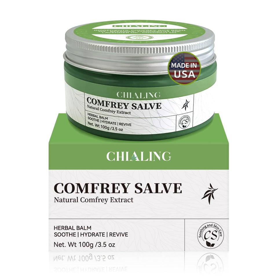 Chialing comfrey salve front jar showing product and easy grip