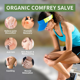 Chialing comfrey salve ingredients layout showing organic oils and herbs