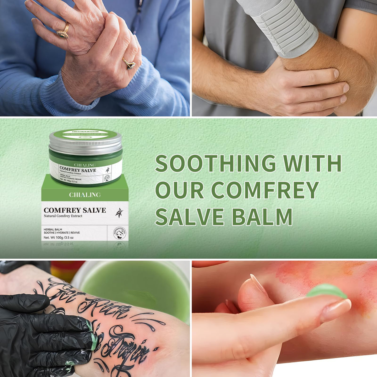 Chialing comfrey salve label detail showing ingredients and safety notice