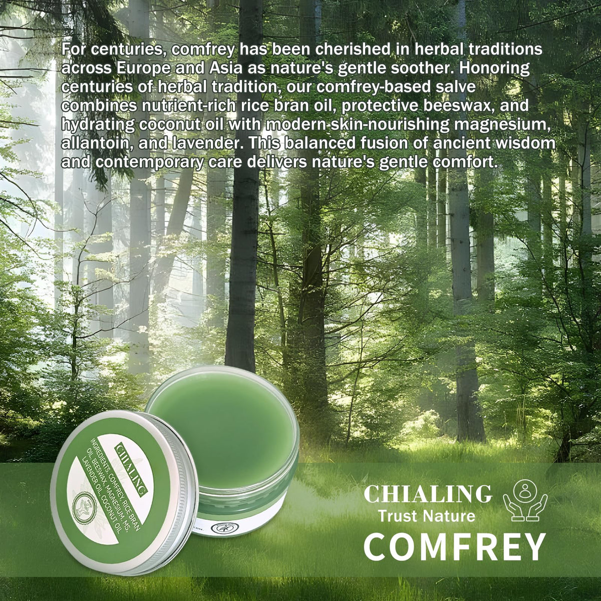 Chialing comfrey salve texture close-up highlighting smooth, emollient balm