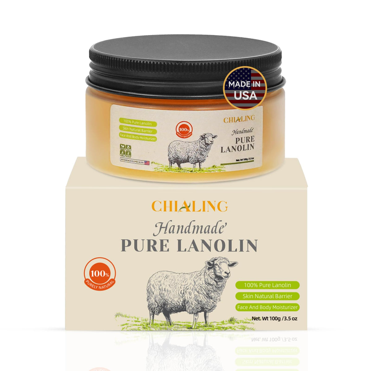 Chialing front jar label showing unscented lanolin and benefits
