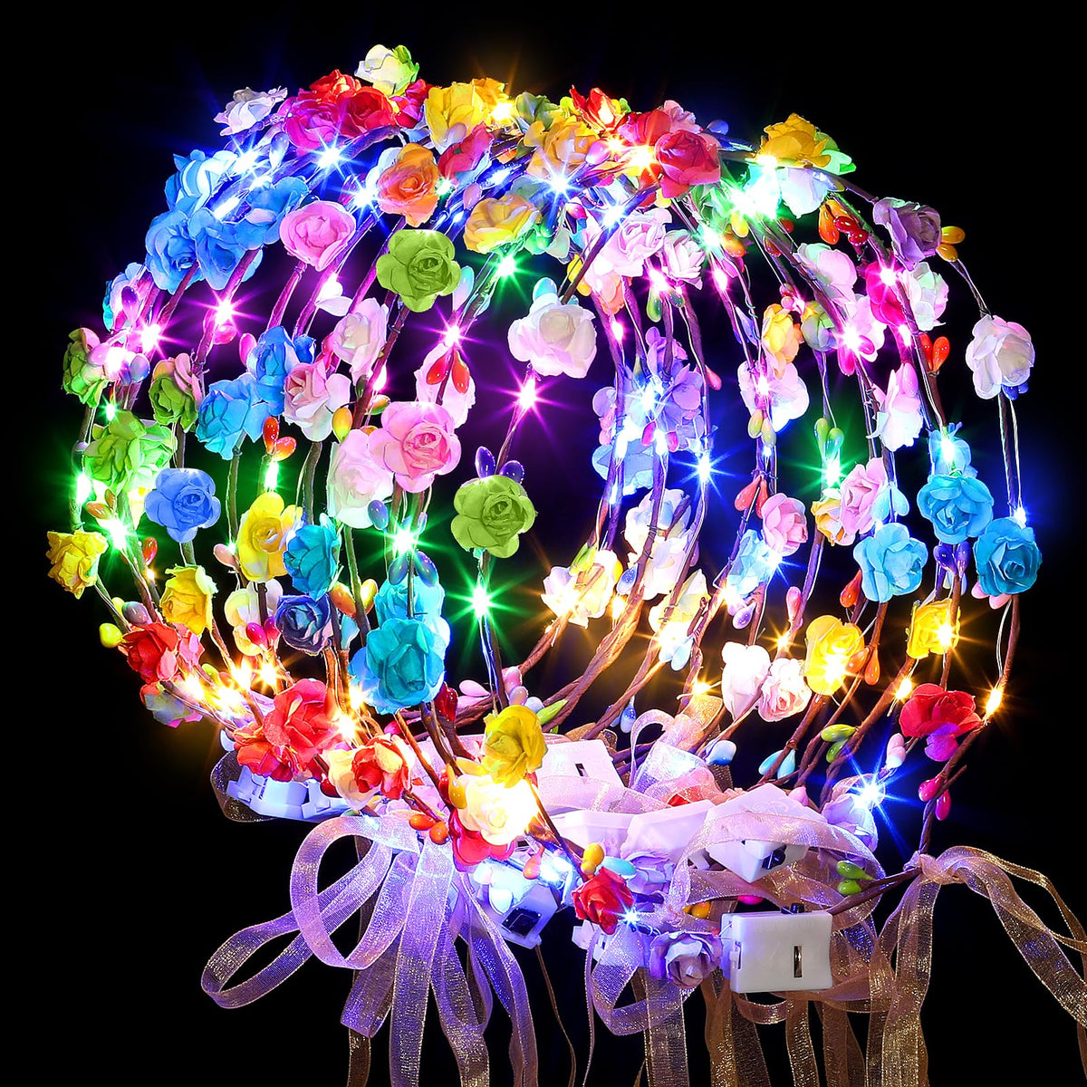 Chicloop pack front display showing 50 LED flower crowns, easy event setup