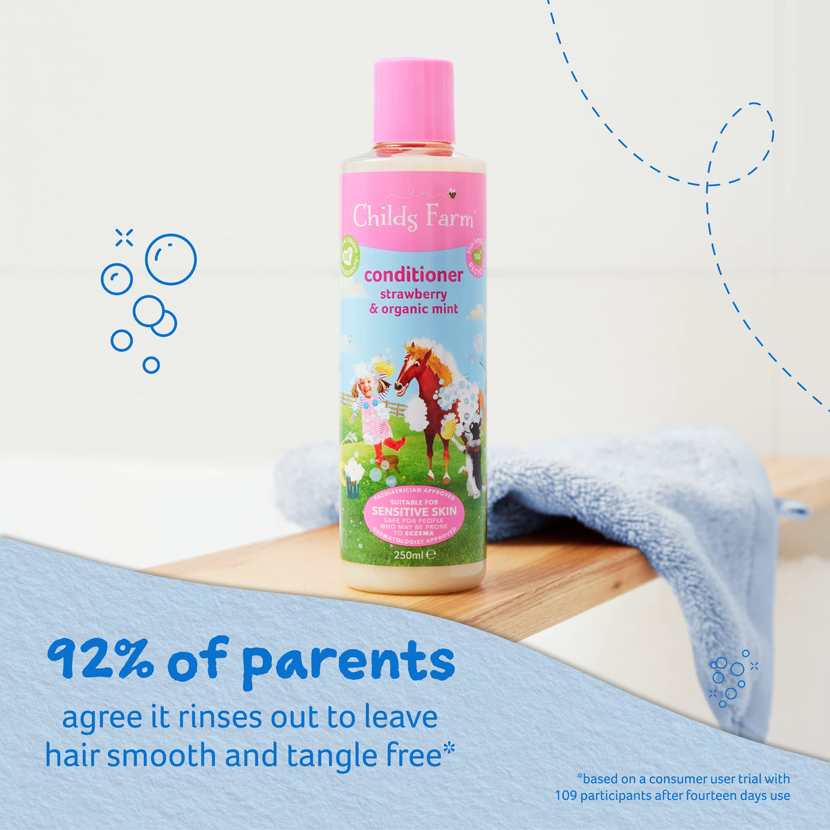 Child using Childs Farm conditioner in bath demonstrating gentle detangling and calm bath time