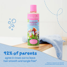 Child using Childs Farm conditioner in bath demonstrating gentle detangling and calm bath time