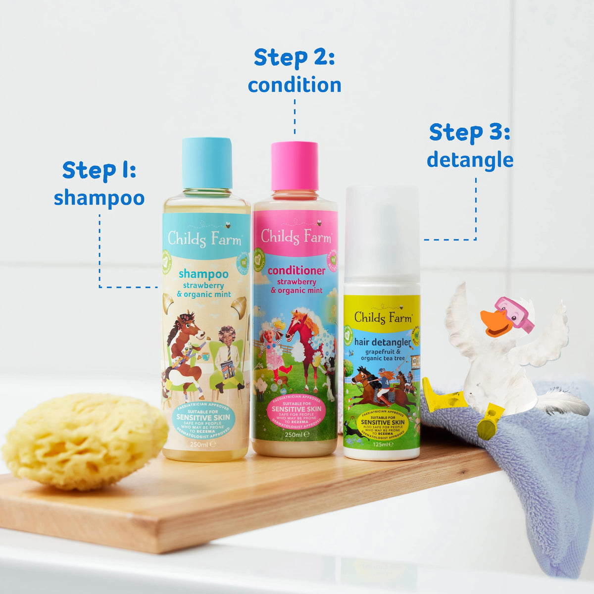 Label close-up showing Childs Farm ingredients and B Corporation certification for ethical sourcing