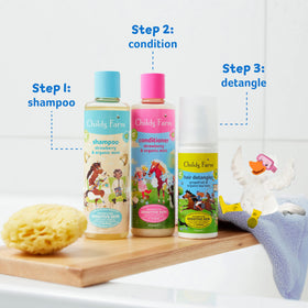 Label close-up showing Childs Farm ingredients and B Corporation certification for ethical sourcing
