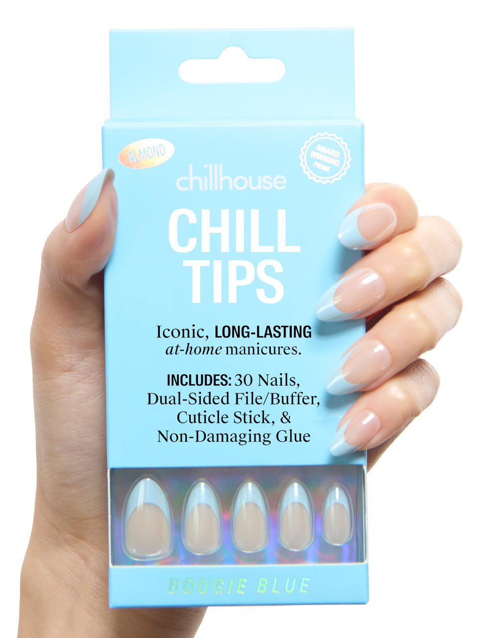 Chillhouse Bougie Blue front packaging showing kit contents and benefit of easy at-home manicure