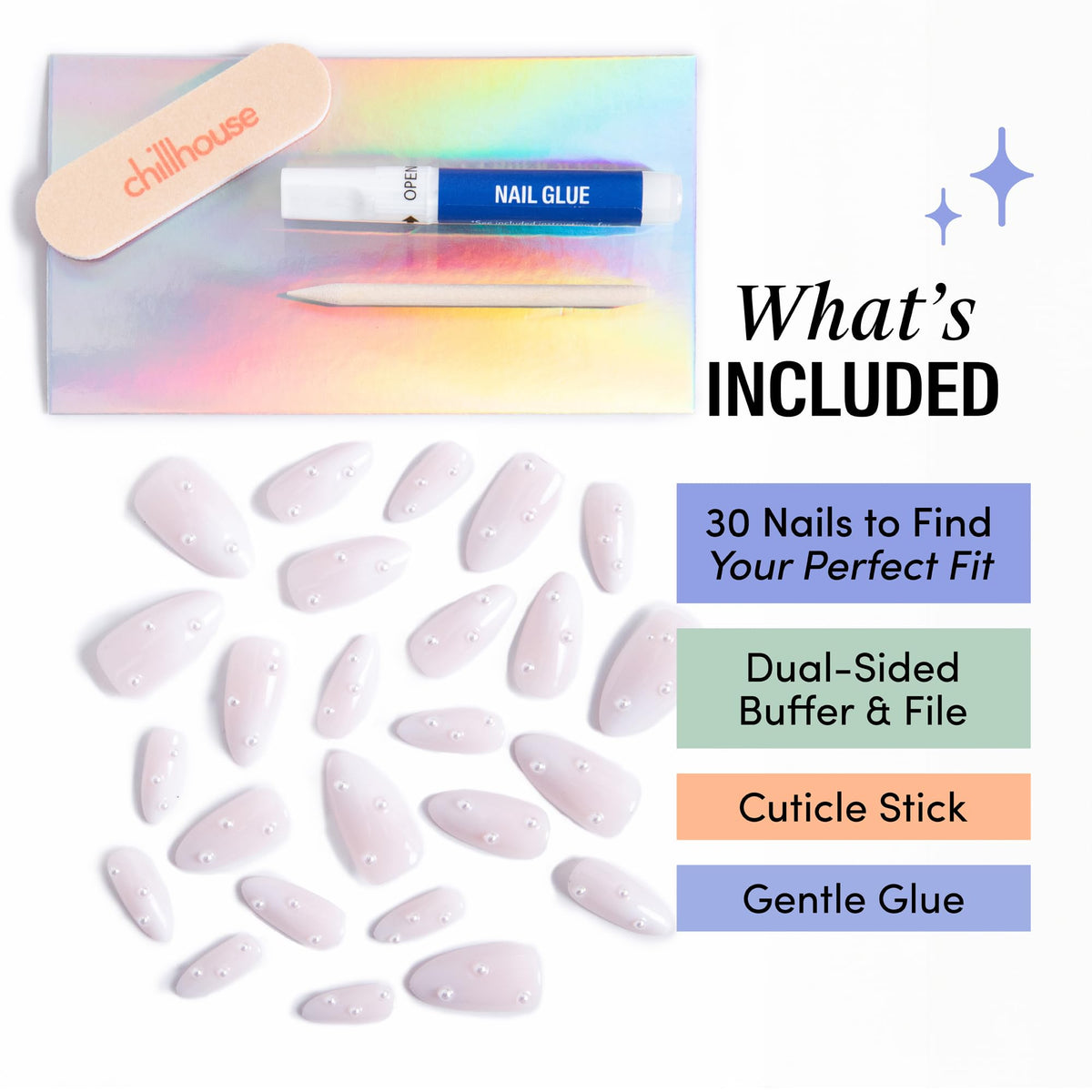 Chillhouse tools and Gentle nail glue arranged for quick application
