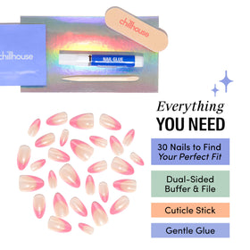 Chillhouse display of buffer, file, cuticle stick, and gentle glue for precise application