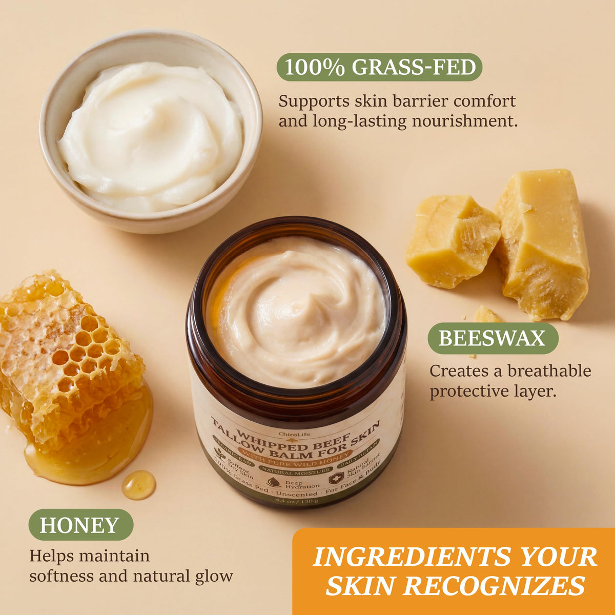 ChiroLife whipped tallow texture close-up demonstrating airy spreadability