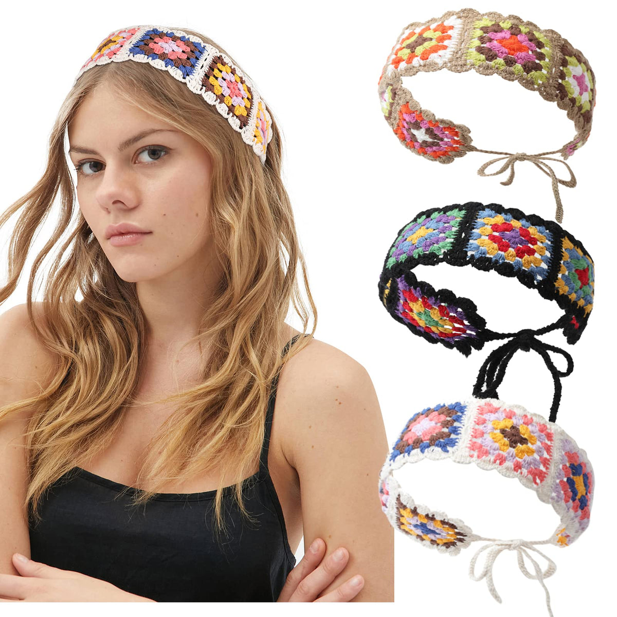 CHLINS headband front view showing neat knit and floral motif and flattering fit