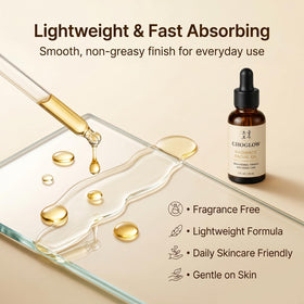 Choglow applied under makeup demonstration, indicates compatibility and non-greasy layering