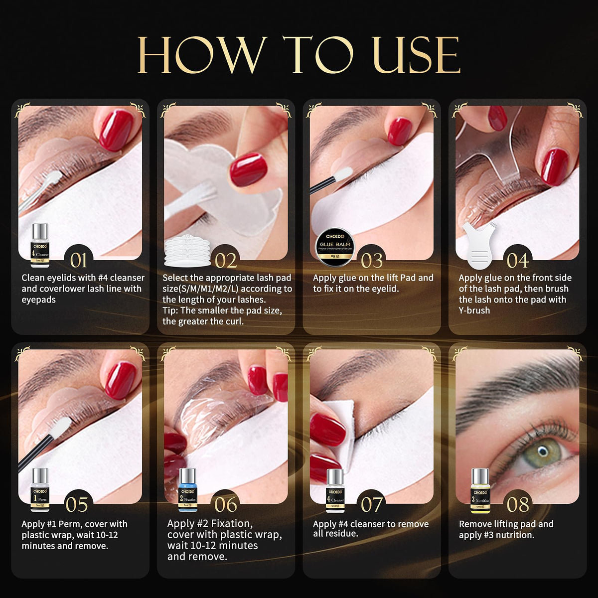 Choido tools layout with pads comb and brushes for precise application benefit