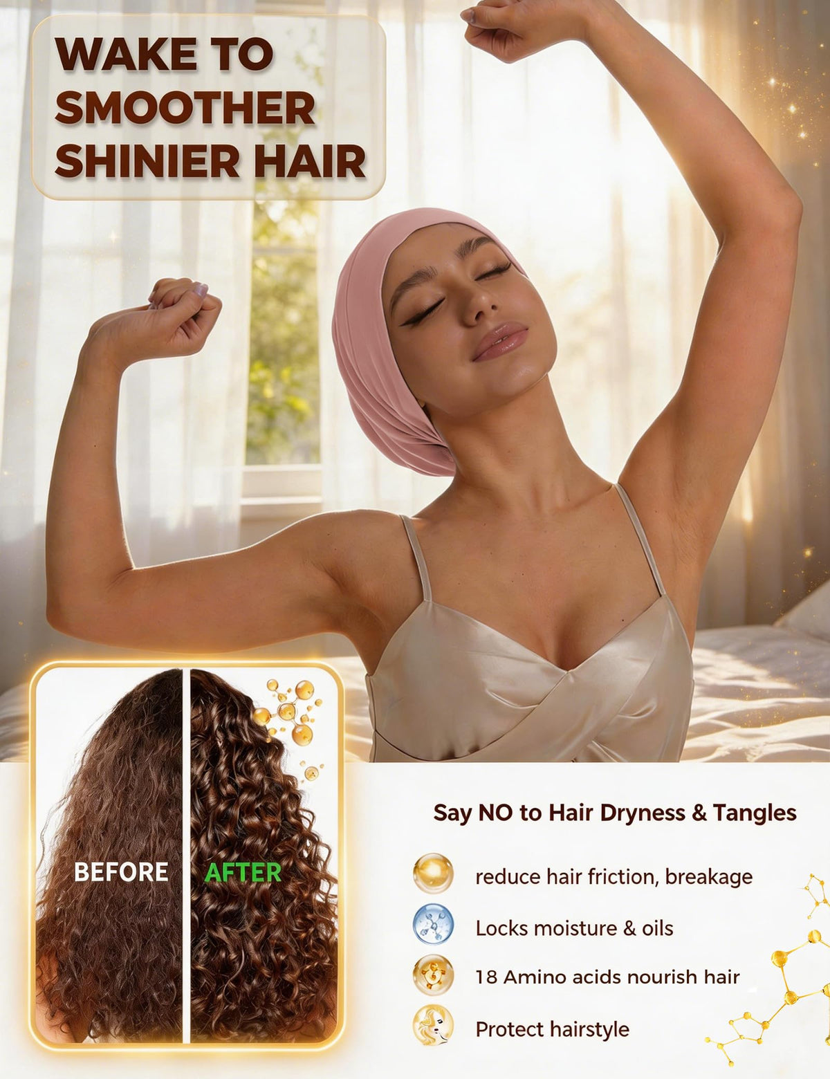 choshion model wearing bonnet in bed demonstrating overnight hair protection