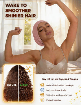 choshion model wearing bonnet in bed demonstrating overnight hair protection