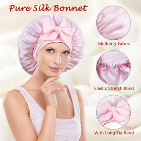 choshion woman wearing bonnet in bedroom, comfortable protection prevents frizz