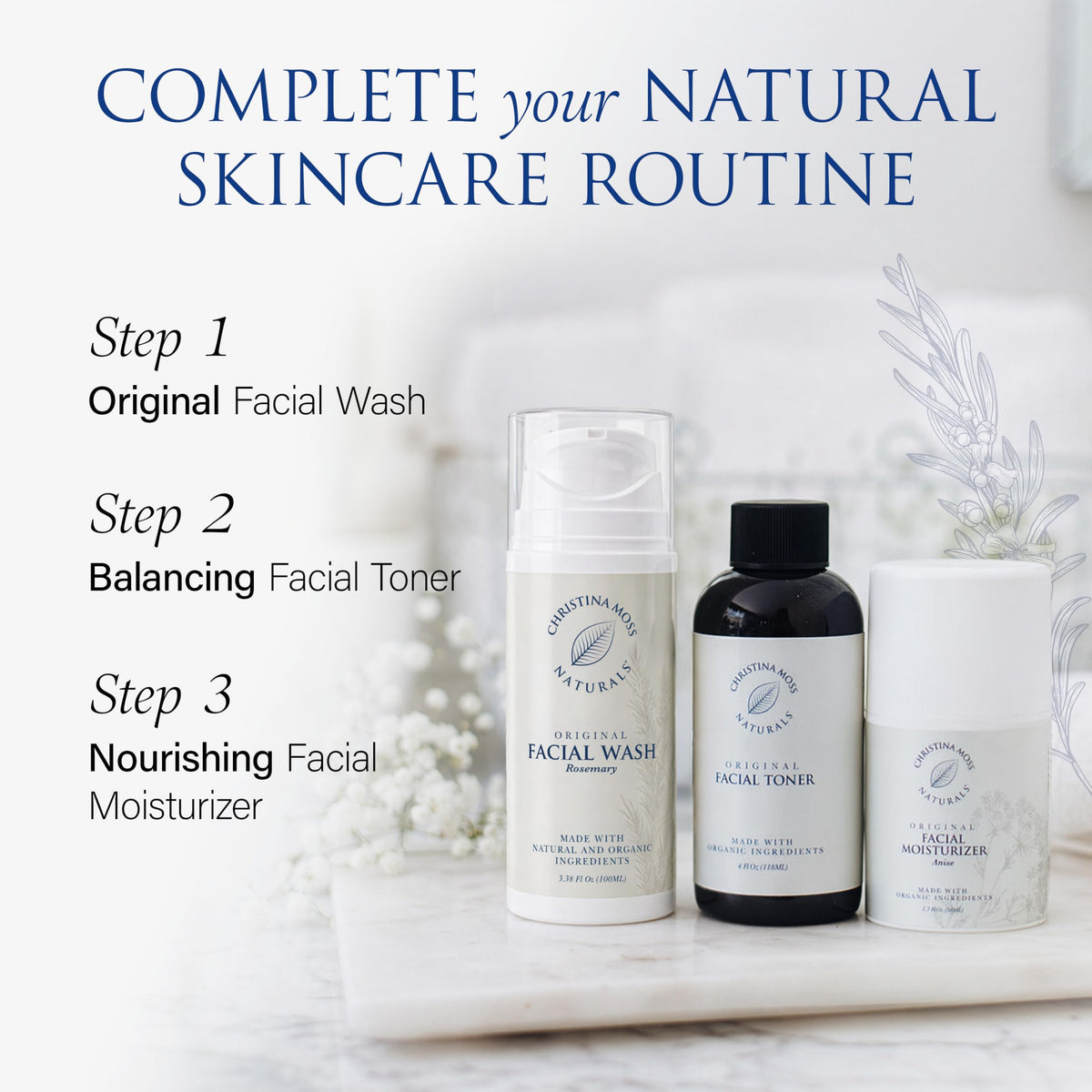 Lifestyle bathroom mirror scene with Christina Moss Naturals face wash promoting daily routine