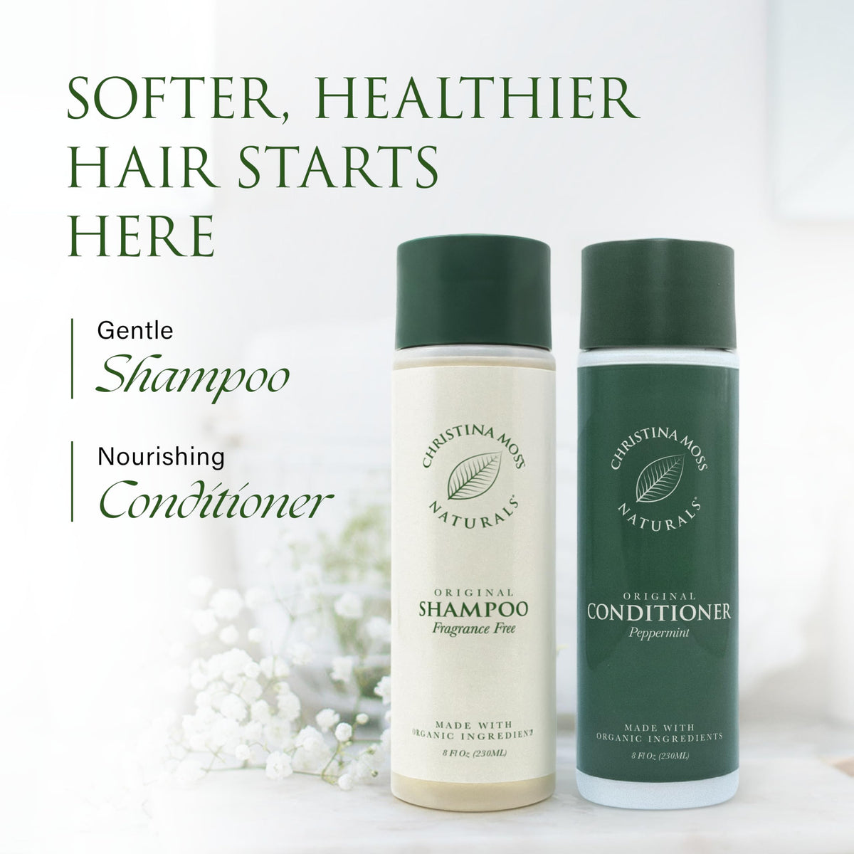 Christina Moss Naturals before and after hair wash showing reduced buildup and softer hair