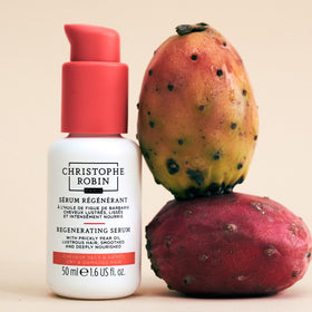 Christophe Robin flatlay with prickly pear and tucuma visuals highlighting natural-origin ingredients