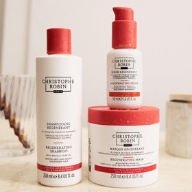 Christophe Robin lifestyle bathroom shelf showing luxurious routine and restored shine