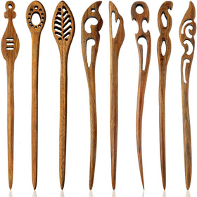 Chuangdi front display of eight wooden hair sticks showing vintage carved patterns and neat bundle benefit