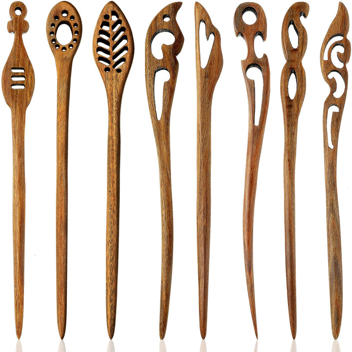 Chuangdi front display of eight wooden hair sticks showing vintage carved patterns and neat bundle benefit