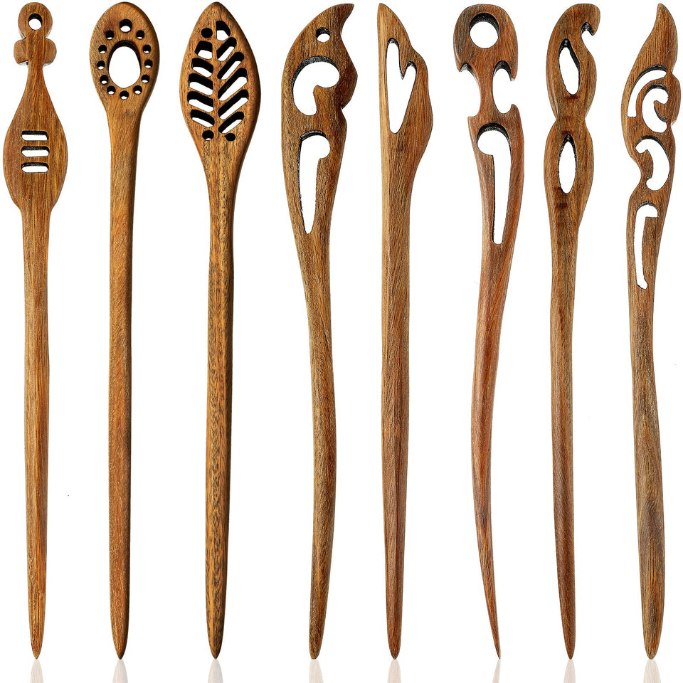Chuangdi front display of eight wooden hair sticks showing vintage carved patterns and neat bundle benefit