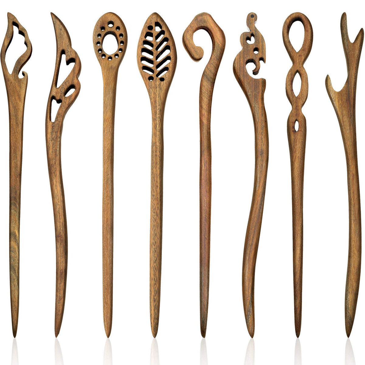 Chuangdi front view of eight wooden hair sticks showing packaging and set benefit