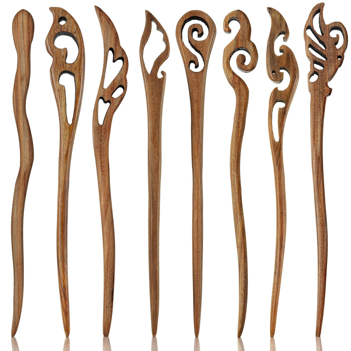 Chuangdi front view showing eight wooden hair sticks and elegant packaging, stylish gift benefit