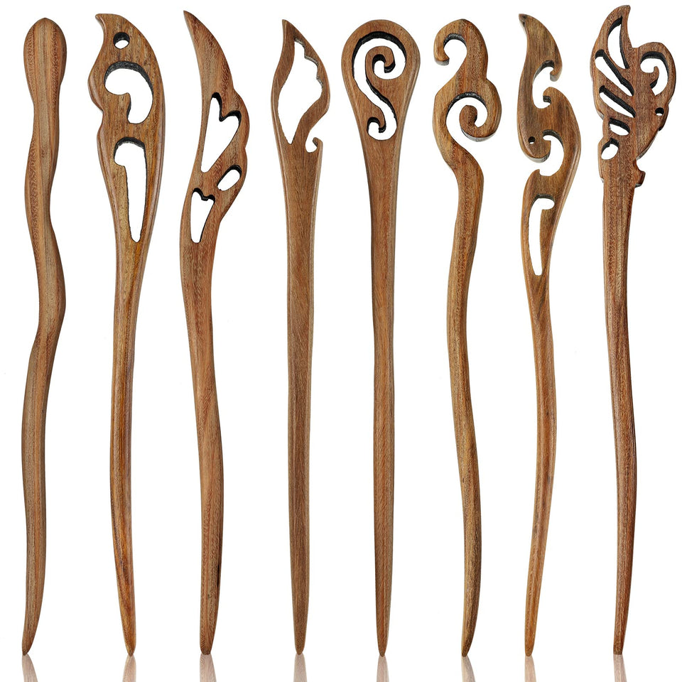 Chuangdi front view showing eight wooden hair sticks and elegant packaging, stylish gift benefit