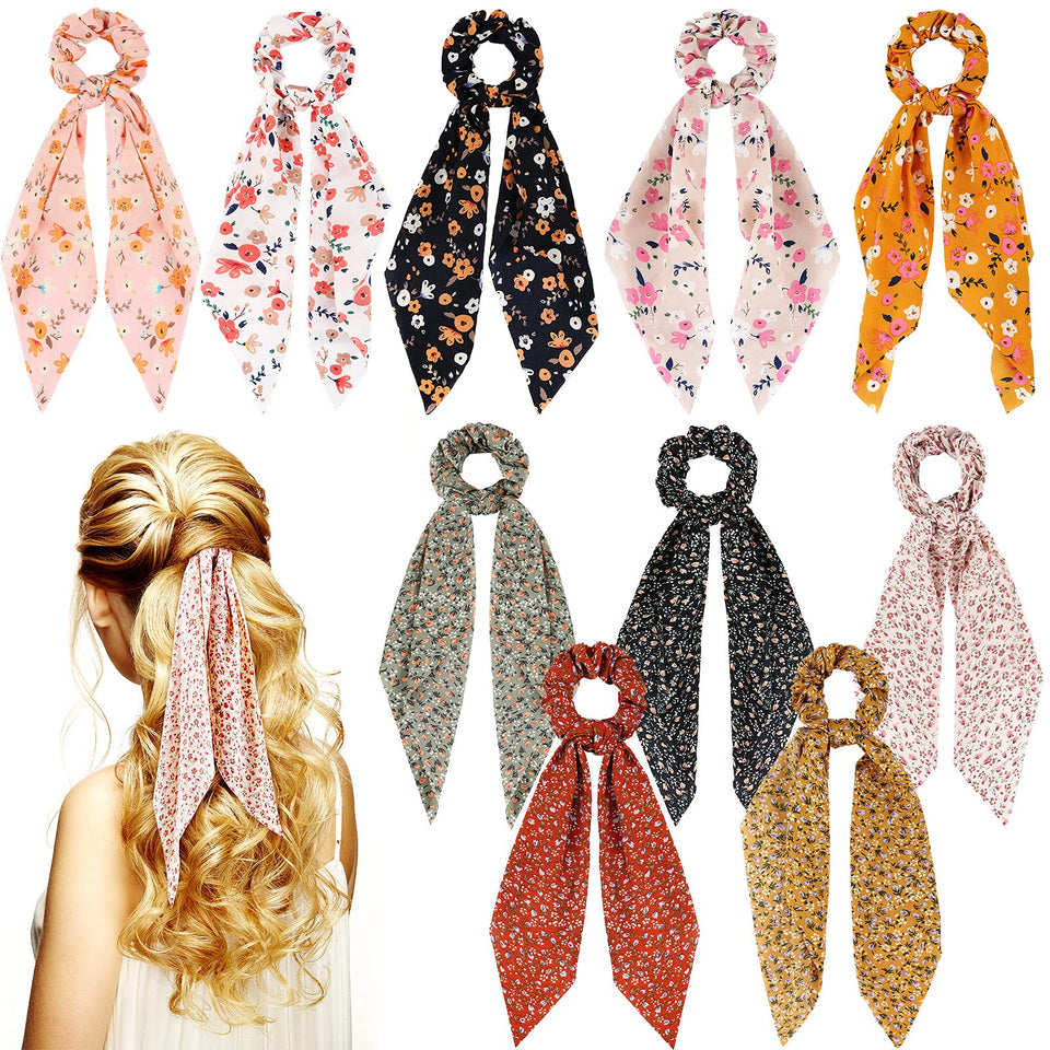 Chuangdi front packaging showing ten floral scrunchies and ribbon set for outfit matching