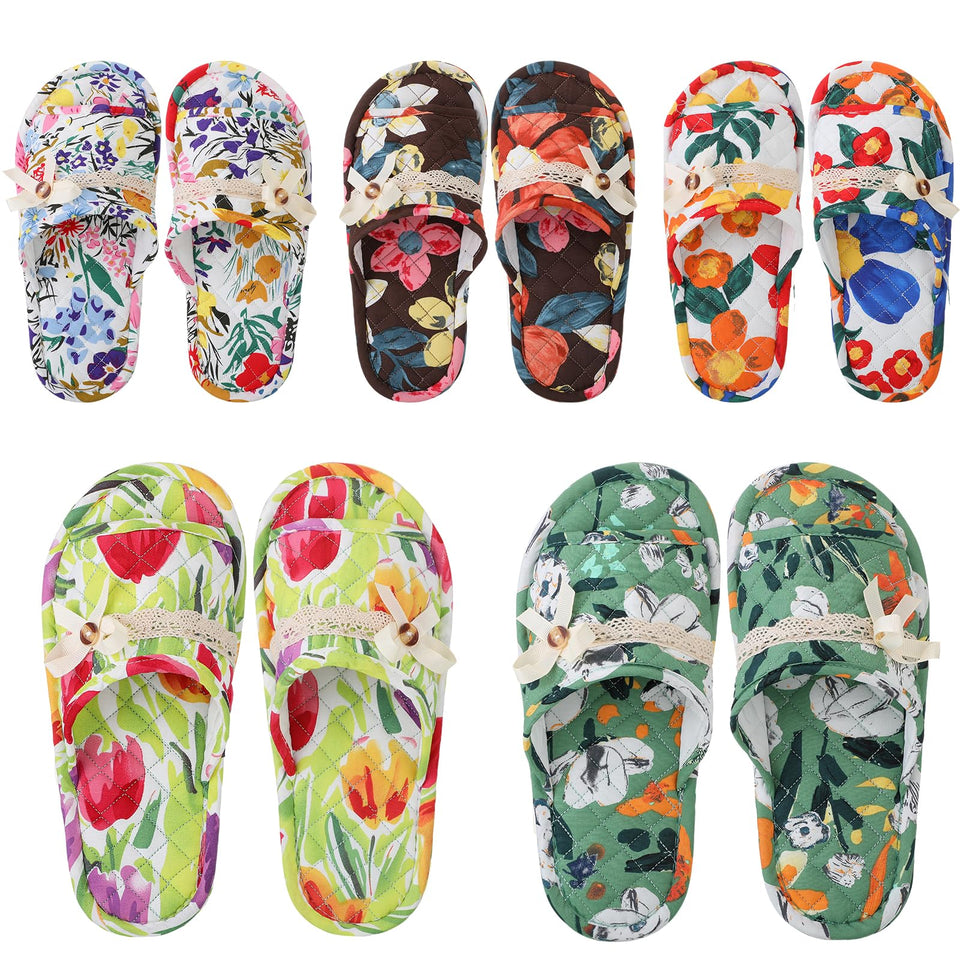 Chuarry front view of five-pair slipper set showing floral designs and convenience