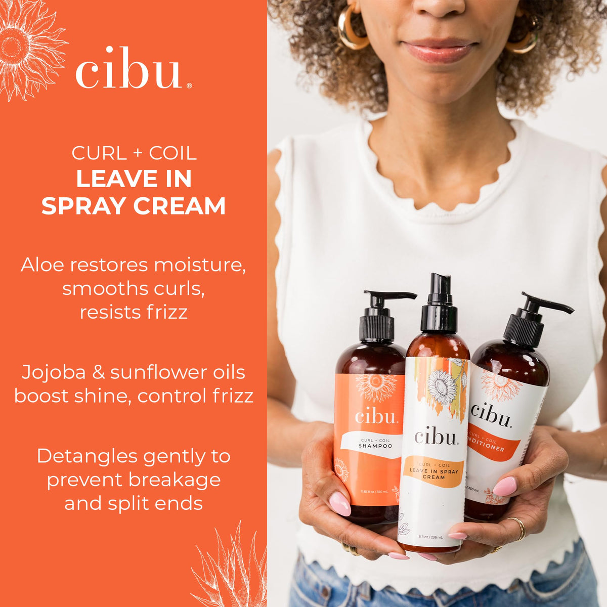 CIBU being sprayed on damp hair to detangle and prep for styling