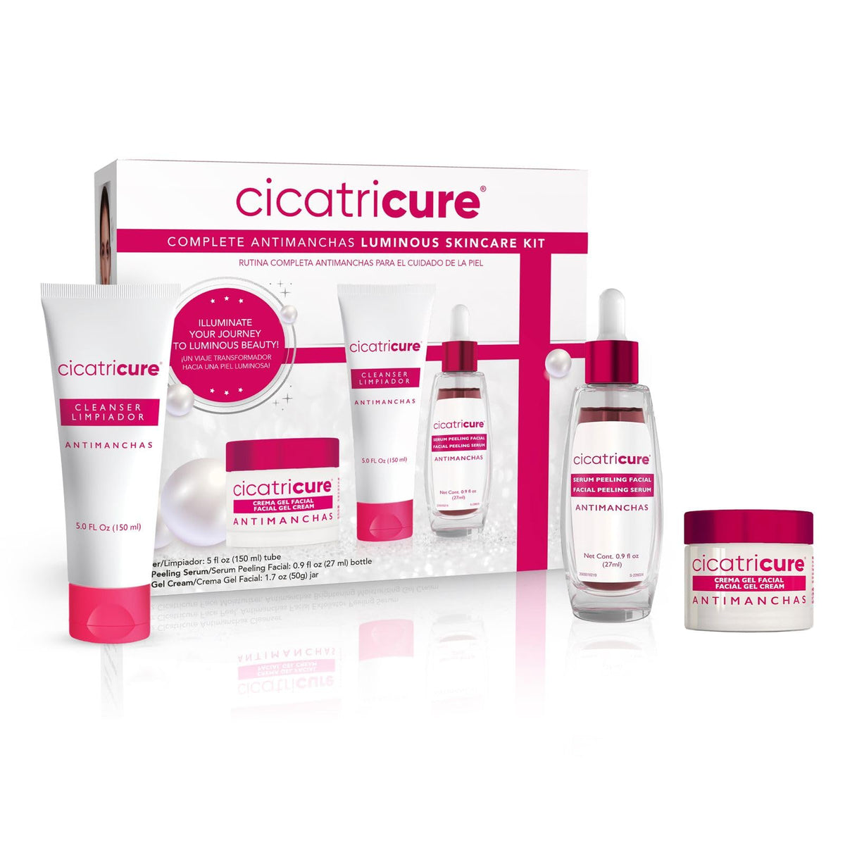 Cicatricure Antimanchas kit front view showing complete three-step set and benefits