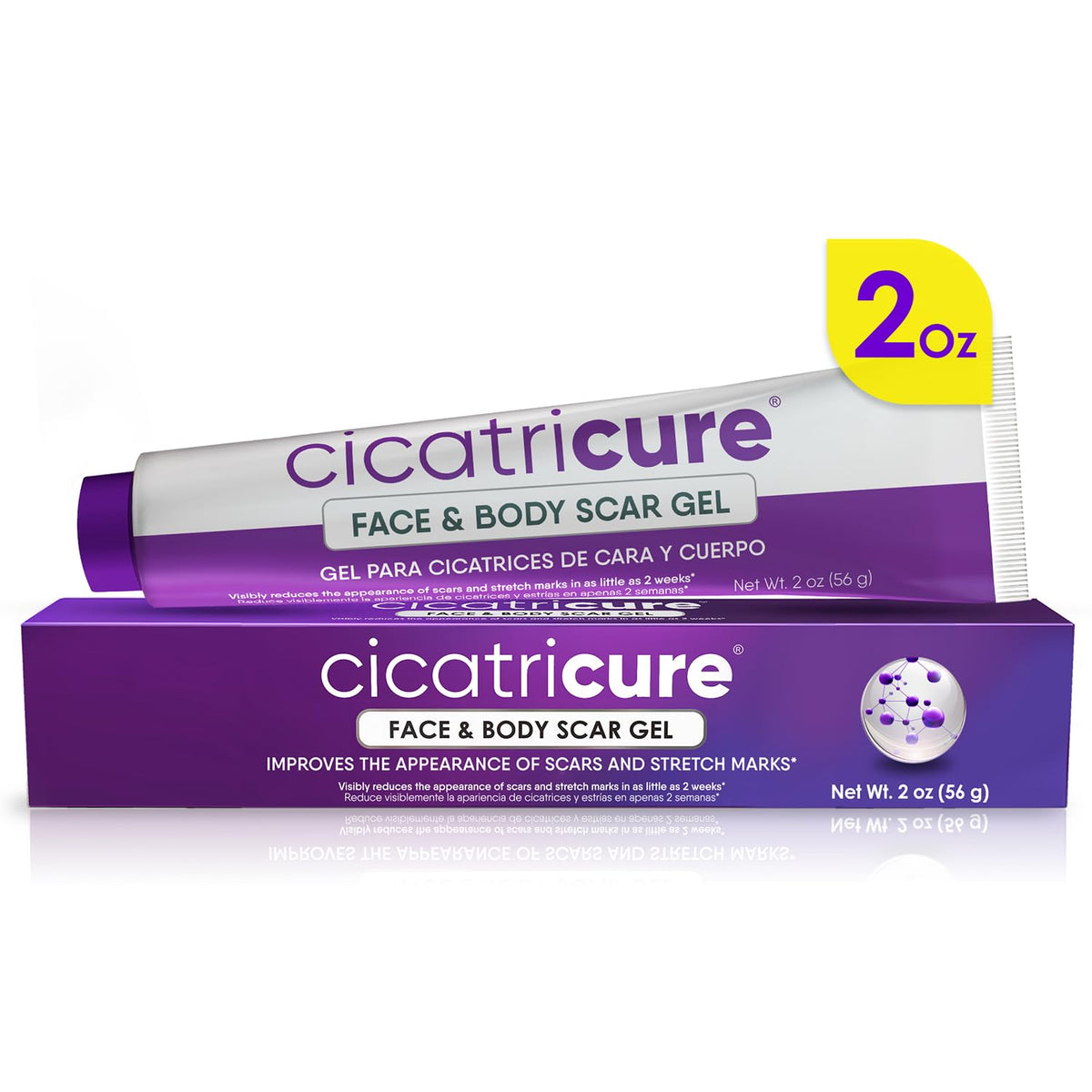 Cicatricure front tube packaging showing product and size benefits