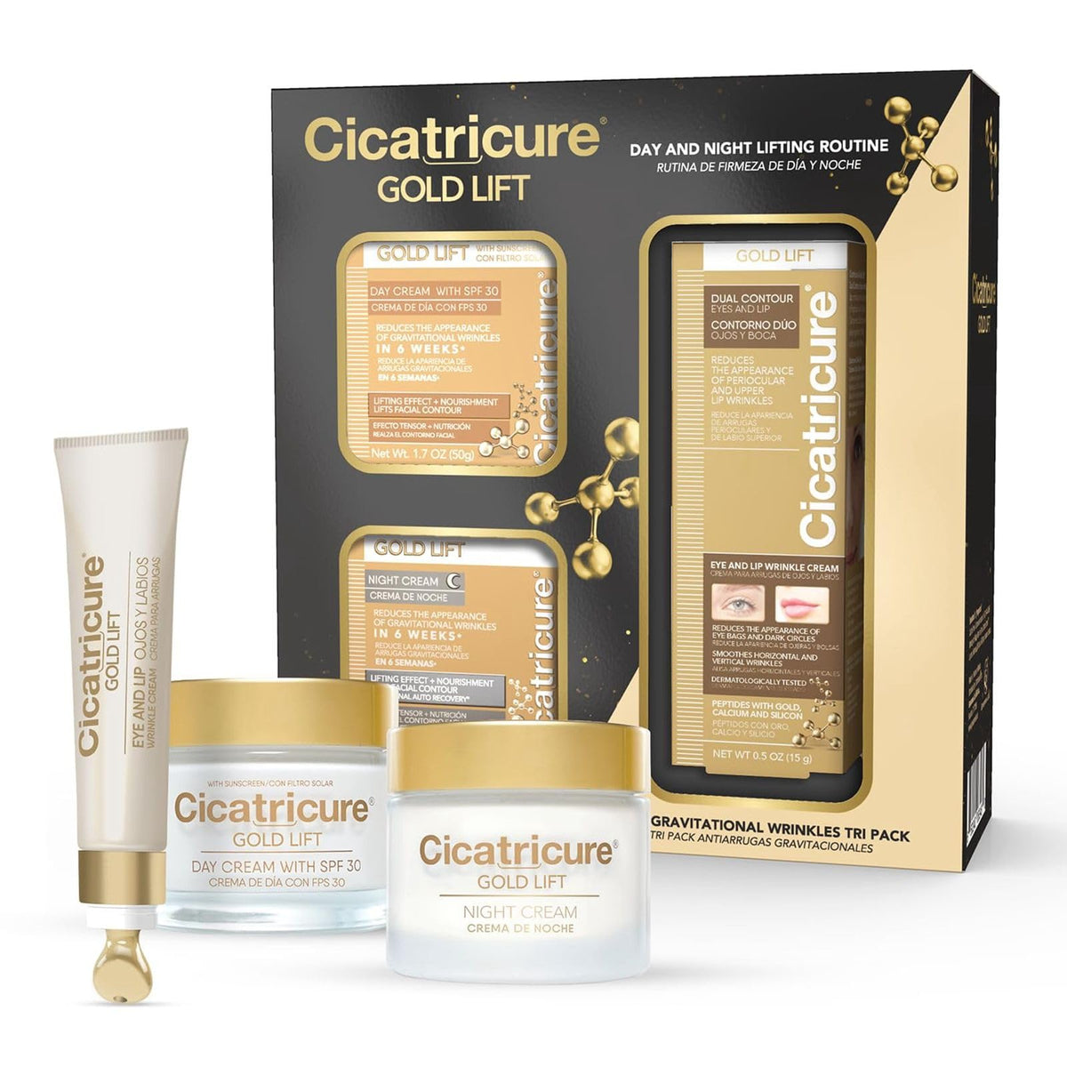 Cicatricure front packaging showing complete three-piece set benefit of coordinated routine