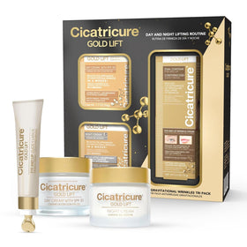 Cicatricure front packaging showing complete three-piece set benefit of coordinated routine