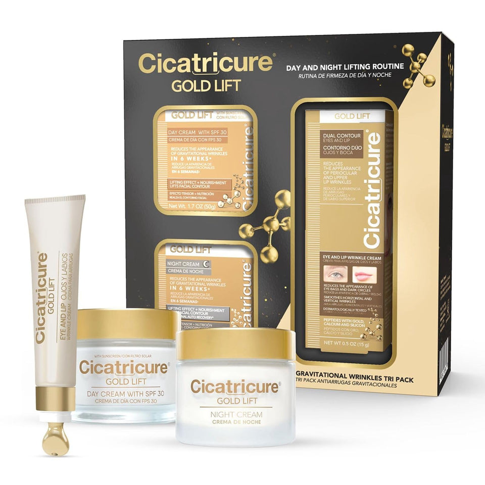 Cicatricure front packaging showing complete three-piece set benefit of coordinated routine