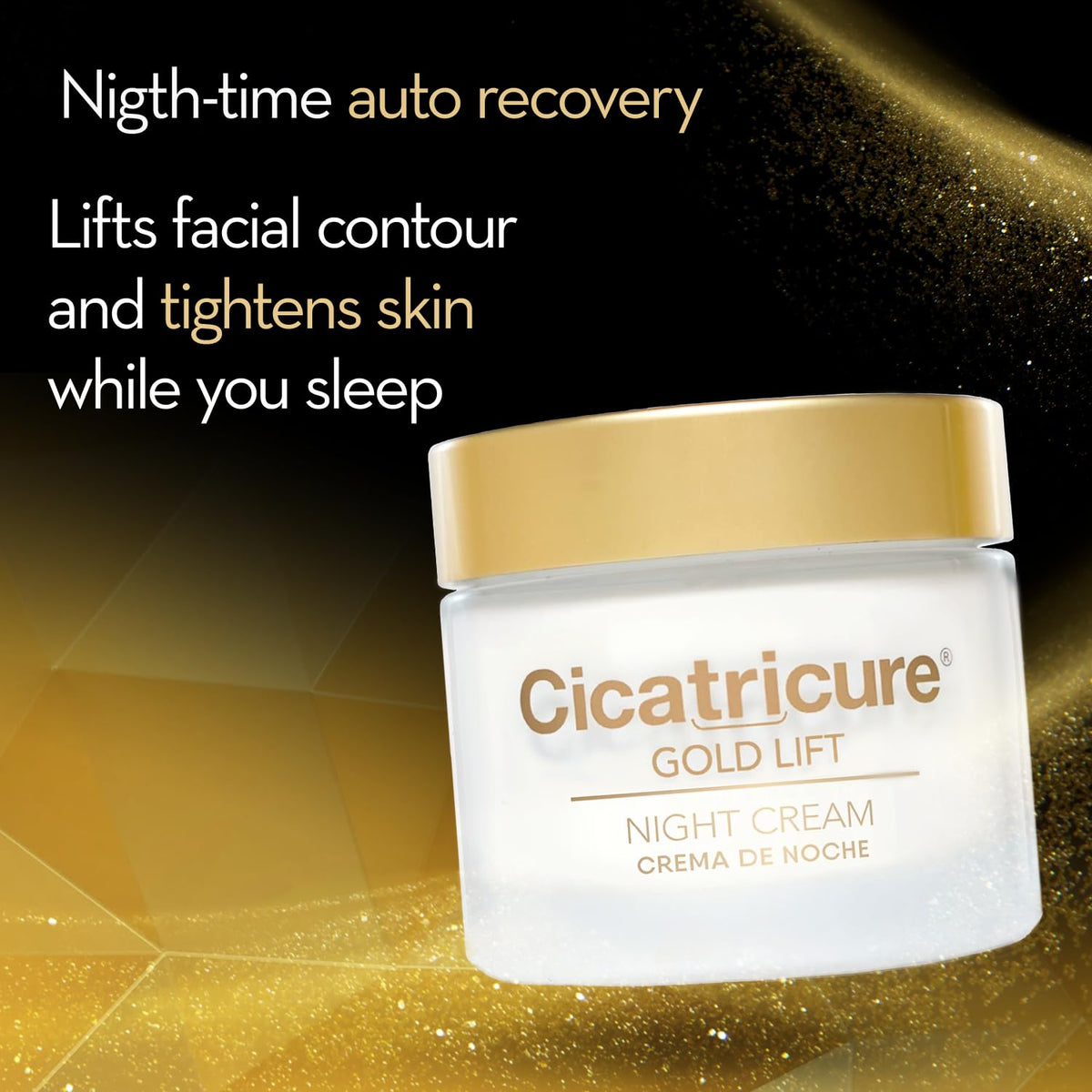 Cicatricure gold particles close-up highlighting luxury ingredient benefits